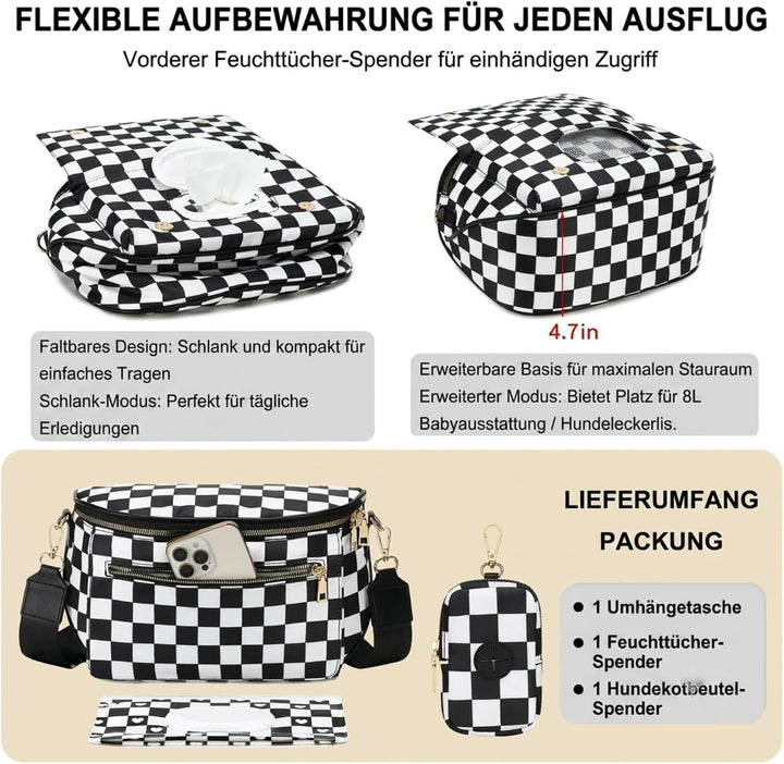 Eslcorri Wickeltasche Klein Umhängetasche Damen Kariert 8L Crossbody Bag | Bauchtasche mit Feuchttüc