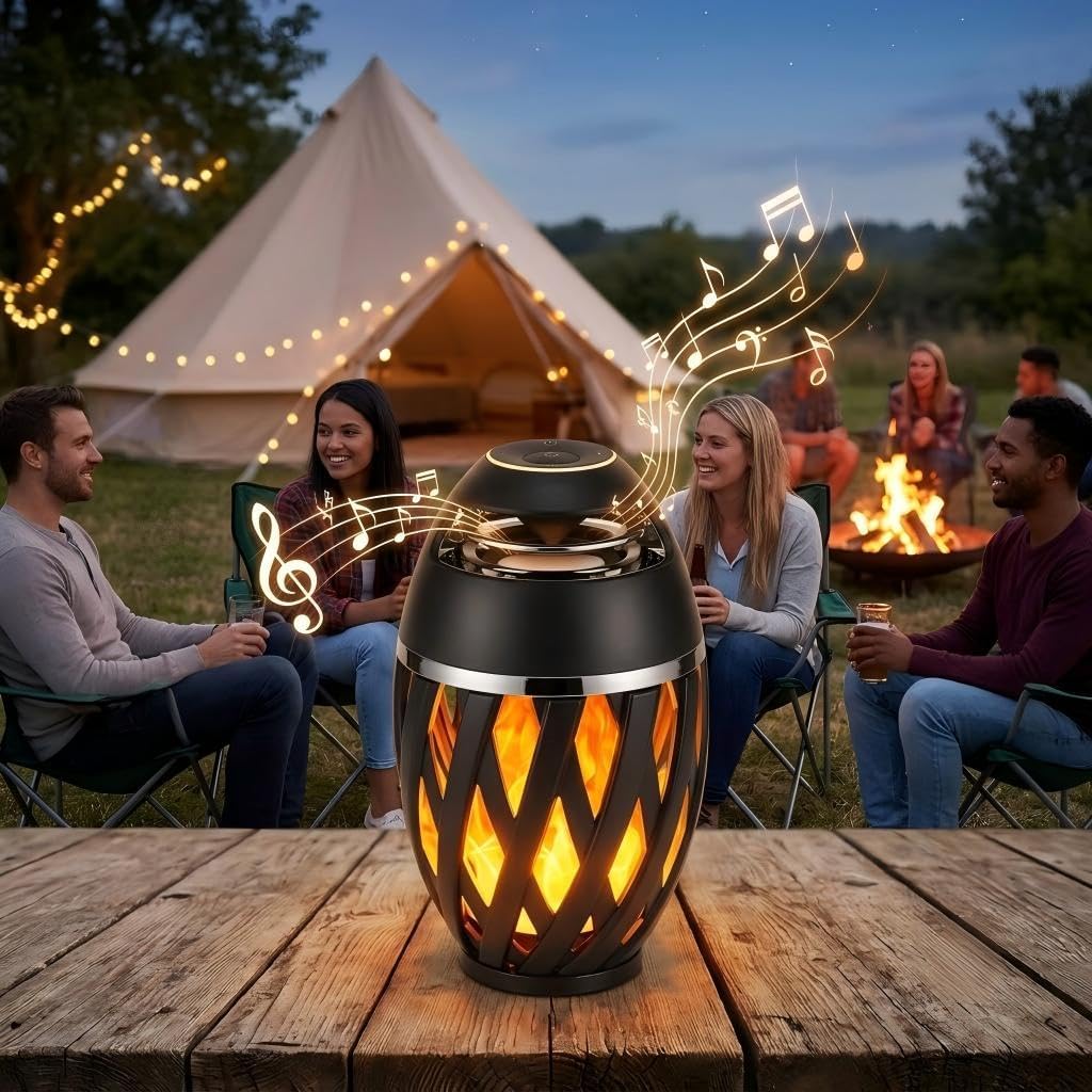 Outdoor Bluetooth Lautsprecher mit Flammenlicht, Kabelloser LED Tischlampe, IP65 Wasserdicht, Stereo