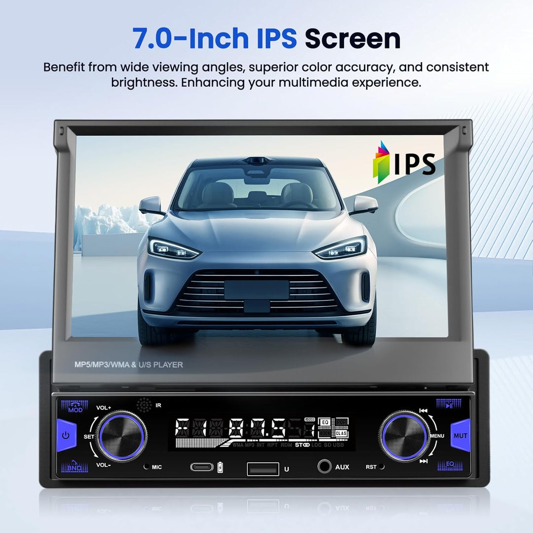 Hikity 1 Din Autoradio mit 7” IPS Manuell Einziehbarer Touchscreen Wireless Carplay Andriod Auto FM