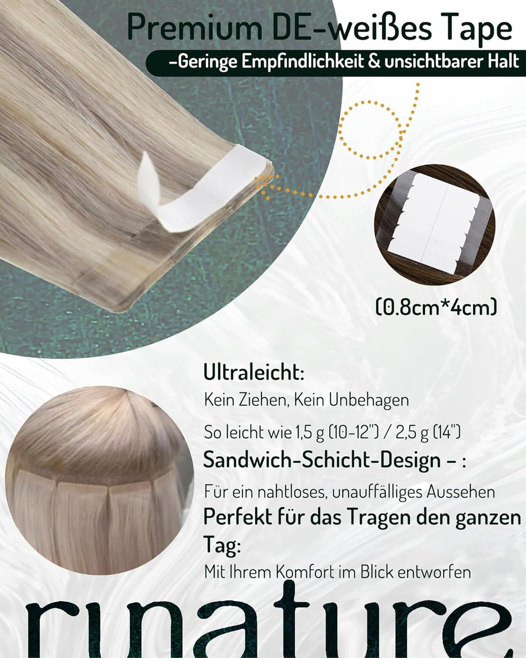 RUNATURE Tape in Extensions Echthaar Blond Highlights 35 cm Glatt Echthaar Tape Extensions Graublond
