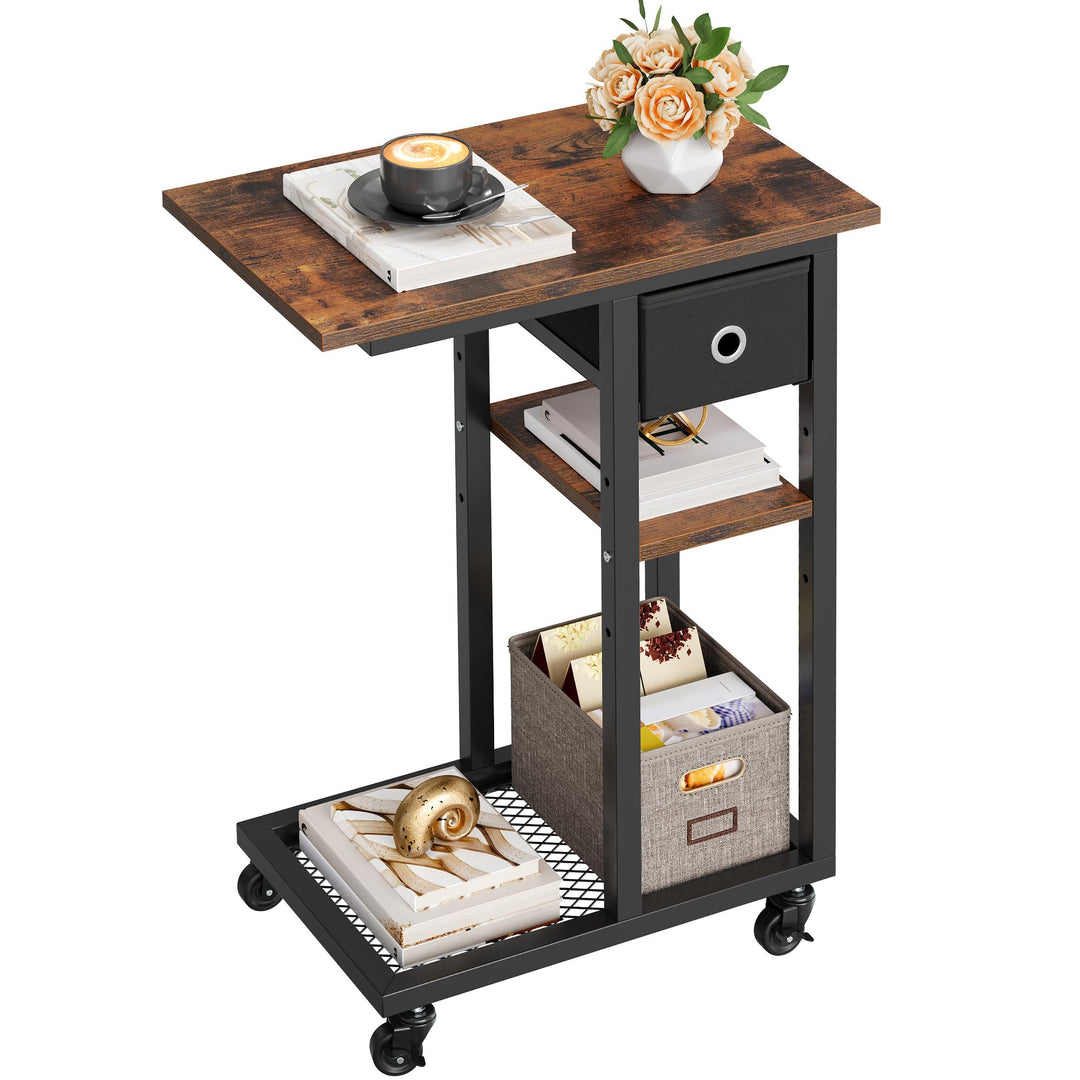YITAHOME Beistelltisch, C-Form Sofatisch mit Rollen und Schublade，Wohnzimmertisch für Kaffee und Lap