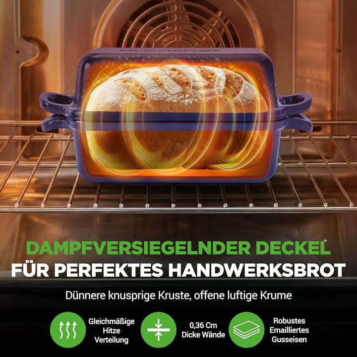 NutriChef Gusseisen Topf - Brotbackform mit Deckel - 22,9 cm Kastenform für Sauerteigbrot, emaillier