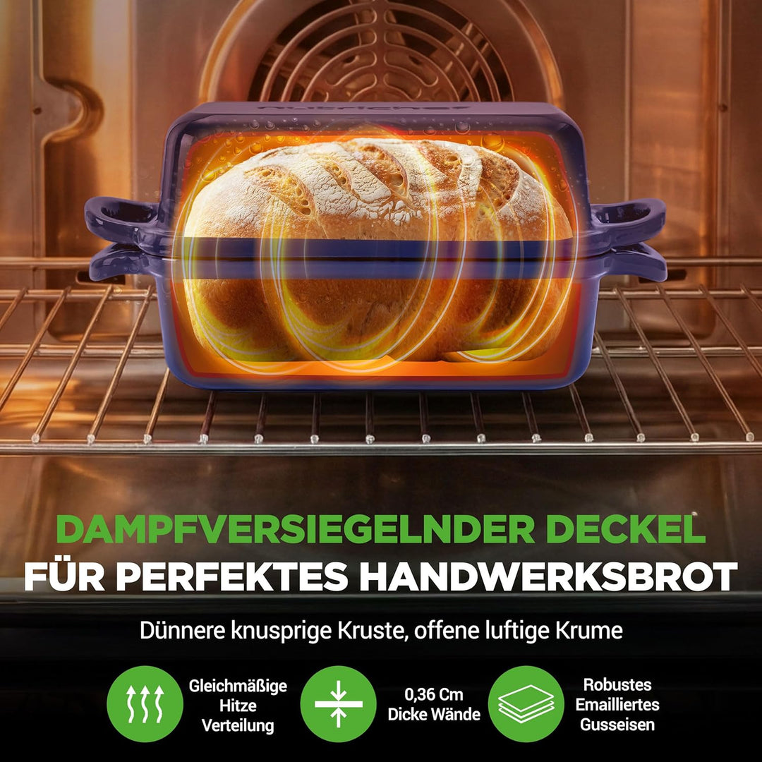 NutriChef Gusseisen Topf - Brotbackform mit Deckel - 22,9 cm Kastenform für Sauerteigbrot, emaillier