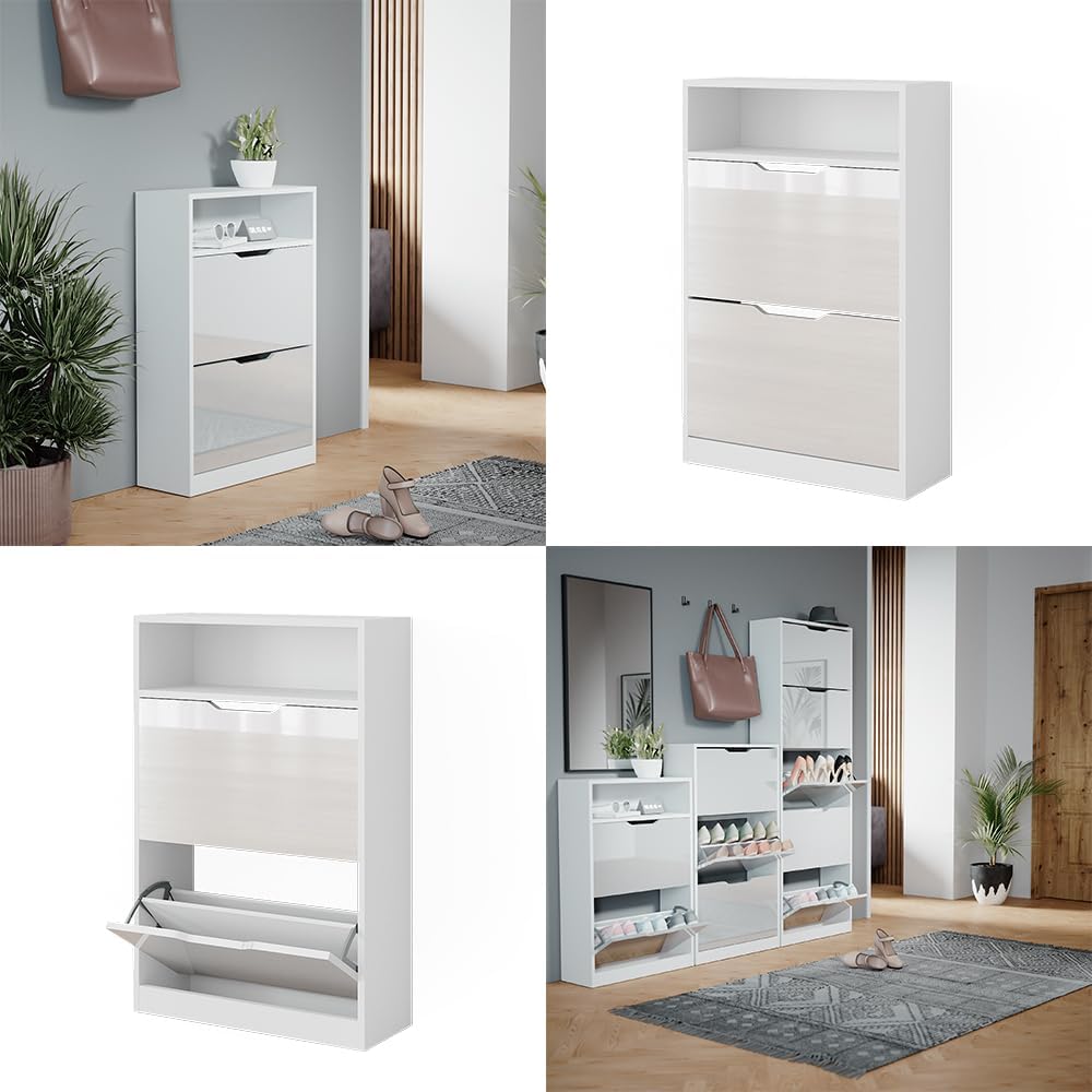 Vicco Schuhkipper Luca, Weiss/Weiss Hochglanz, 59 x 89.5 cm mit 2 Fächern, zur Aufbewahrung von Schu
