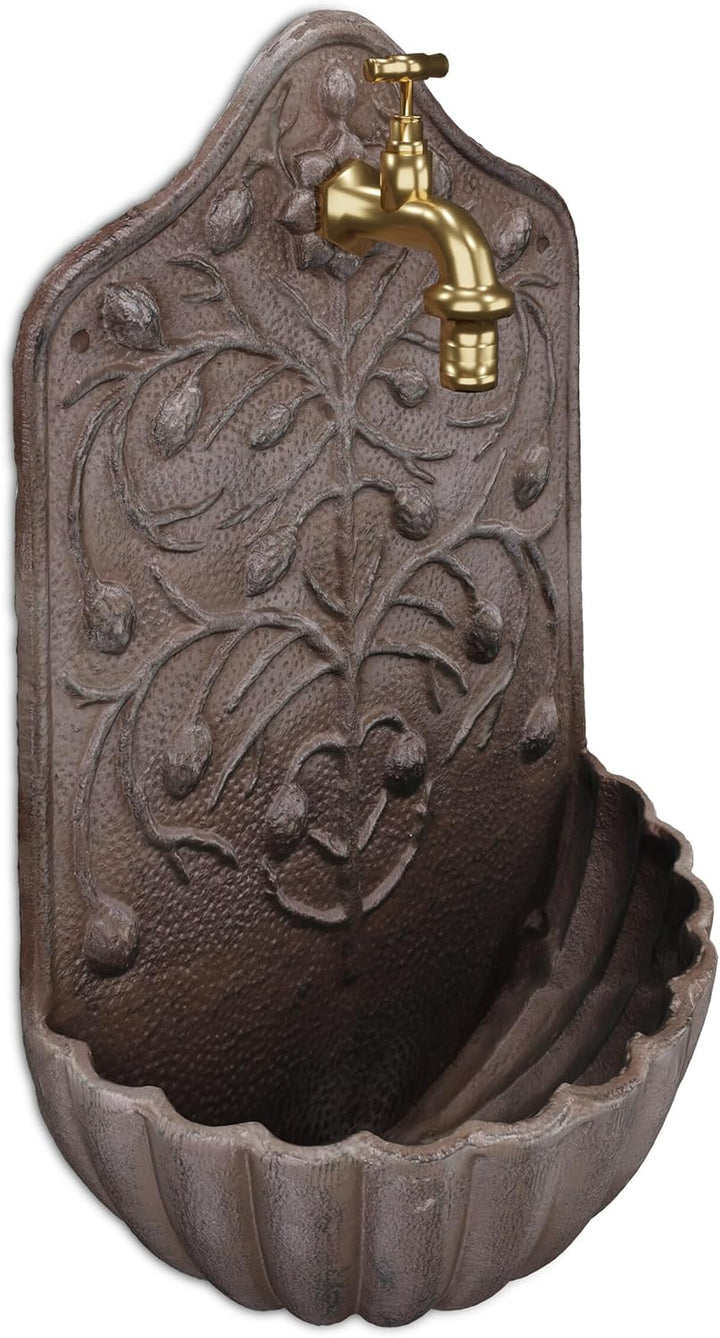 Relaxdays Wandbrunnen, mit Wasserhahn, Waschbecken Garten, Gusseisen, HxBxT: 40 x 24 x 15 cm, antike