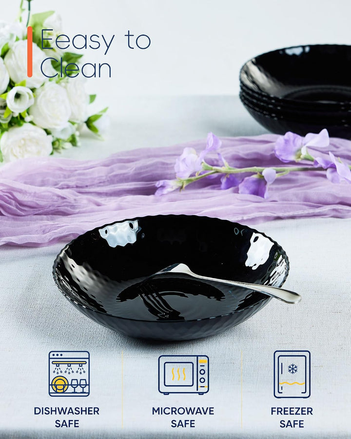 LaGlint 6er Set Opalglas-Pastaschalen, 887 ml, 21,5 cm, flache runde Schalen, schwarz, mikrowellen-