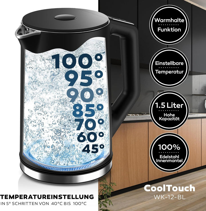 BALTER Edelstahl Wasserkocher mit Temperatureinstellung, 40°C-100°C, Doppelwand, BPA frei, leise & k