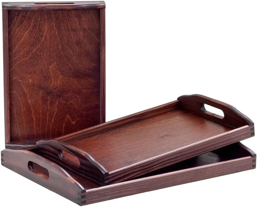 Wooden World Set aus 3 Holztabletts mit Griffen, Braun, 3 verschiedene Grössen