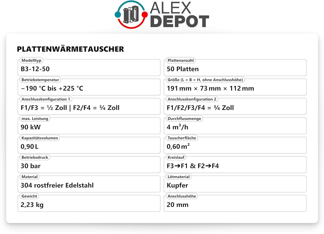 Edelstahl Plattenwärmetauscher B3-12-50 mit 2x1/2 & 2x3/4 Zoll Anschl. 90kW Heizung Solar (PWT)