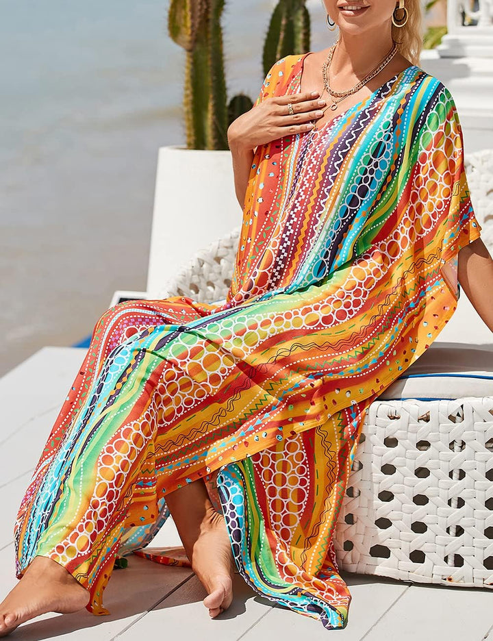 Bsubseach Damen Casual Beach Kaftan Kleid Kurzarm Loungewear Caftan Strandkleid Druck 14, Druck 14