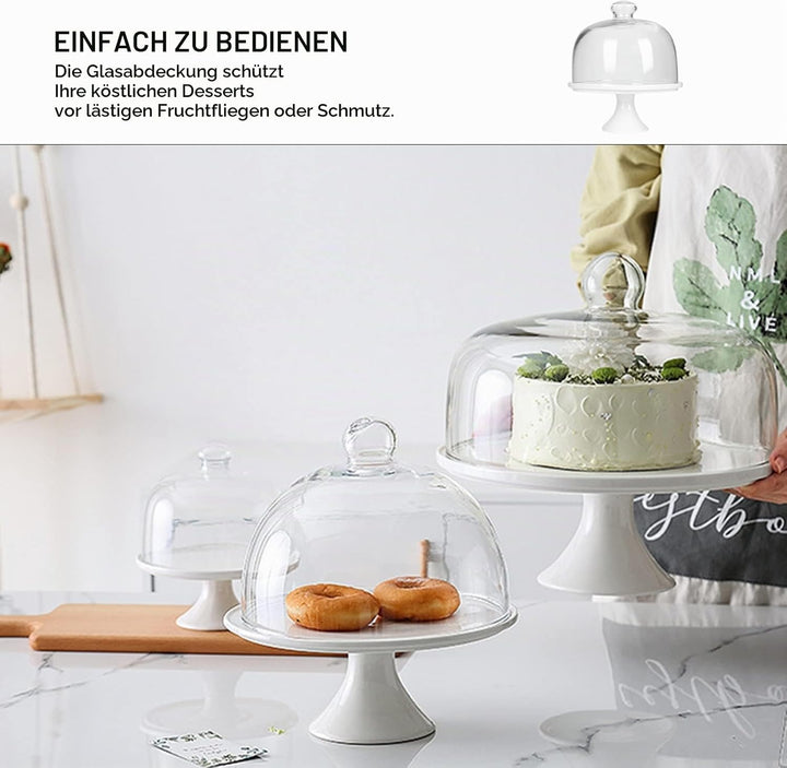 13CM Kuchenständer Keramik Tortenplatte Kuchen Glasglocke Porzellan Teller mit Kuchenglocke Tortenst