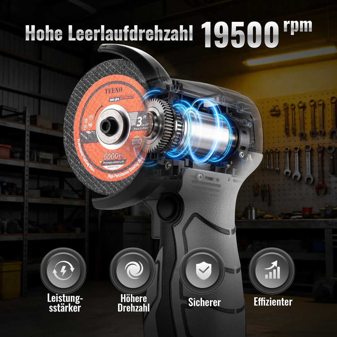 Winkelschleifer TEENO 19.500 U/min – kabellose Schleifmaschine, 76 mm, Komplettset mit 2 Akkus 2000