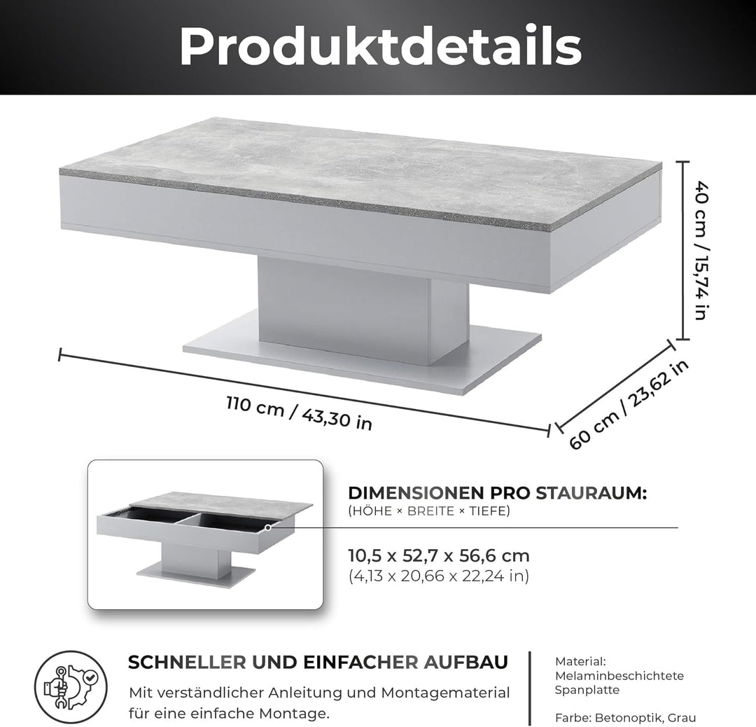 [en.casa] Couchtisch mit 2 Staufächern unter Schiebeplatte Wohnzimmertisch mit Truhefunktion Kaffeet