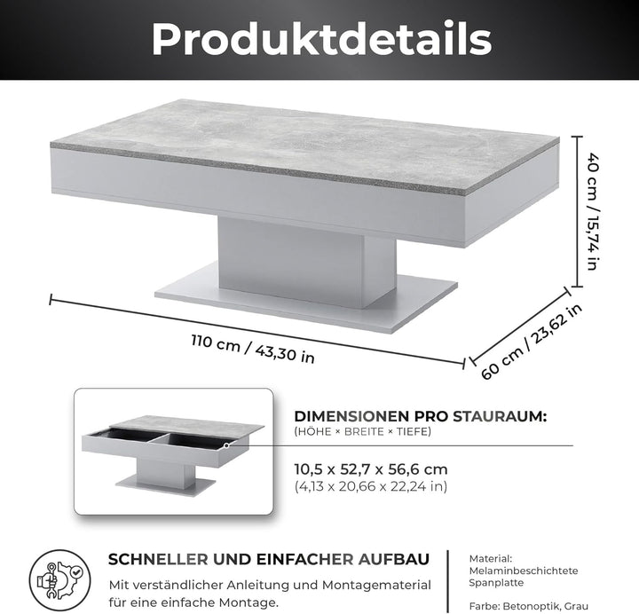 [en.casa] Couchtisch mit 2 Staufächern unter Schiebeplatte Wohnzimmertisch mit Truhefunktion Kaffeet