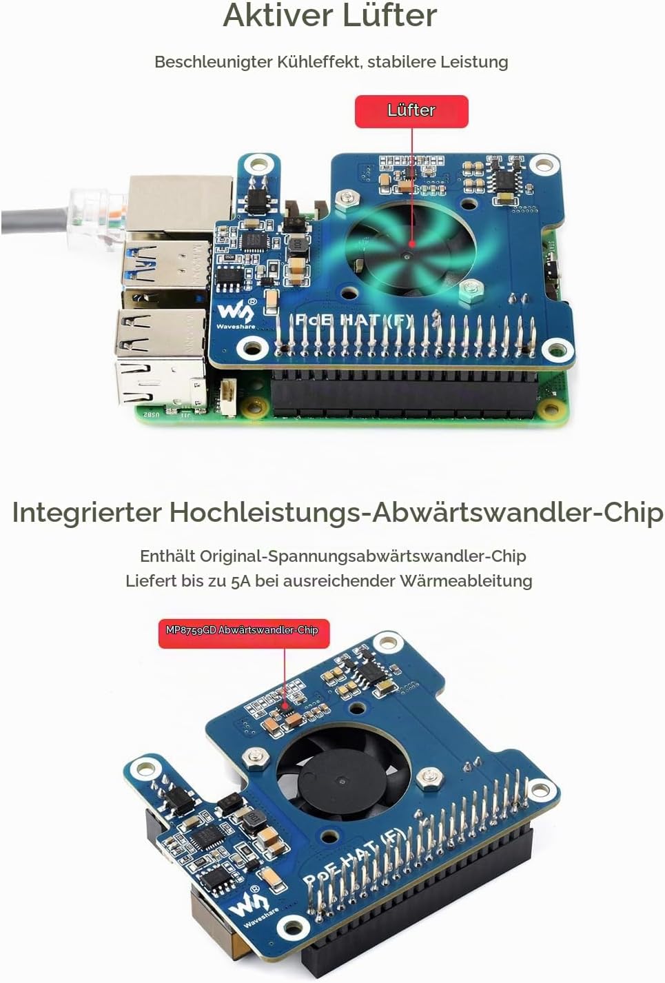 Waveshare PoE Power Over Ethernet HAT (F) Compatibele with Raspberry Pi 5 / cm 5, High Power, Onboar