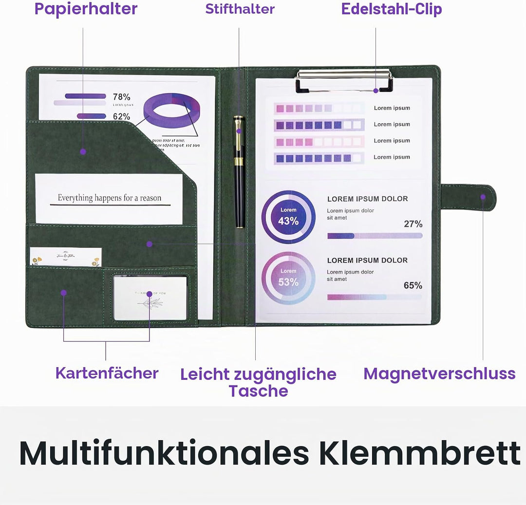 A4 Schreibmappe Klemmbrett, Klemmbrettmappe A4 mit Deckel, Dokumentenfächern, Stiftehalter, und Magn