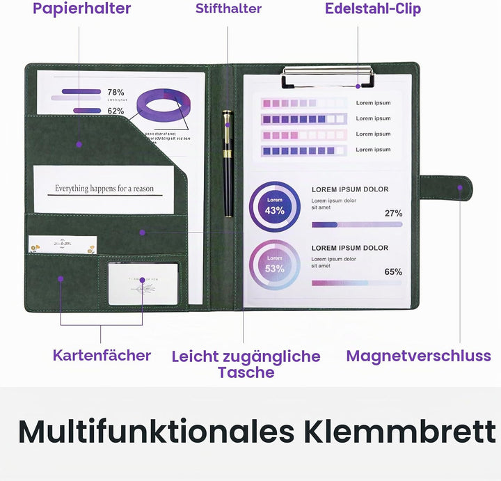 A4 Schreibmappe Klemmbrett, Klemmbrettmappe A4 mit Deckel, Dokumentenfächern, Stiftehalter, und Magn
