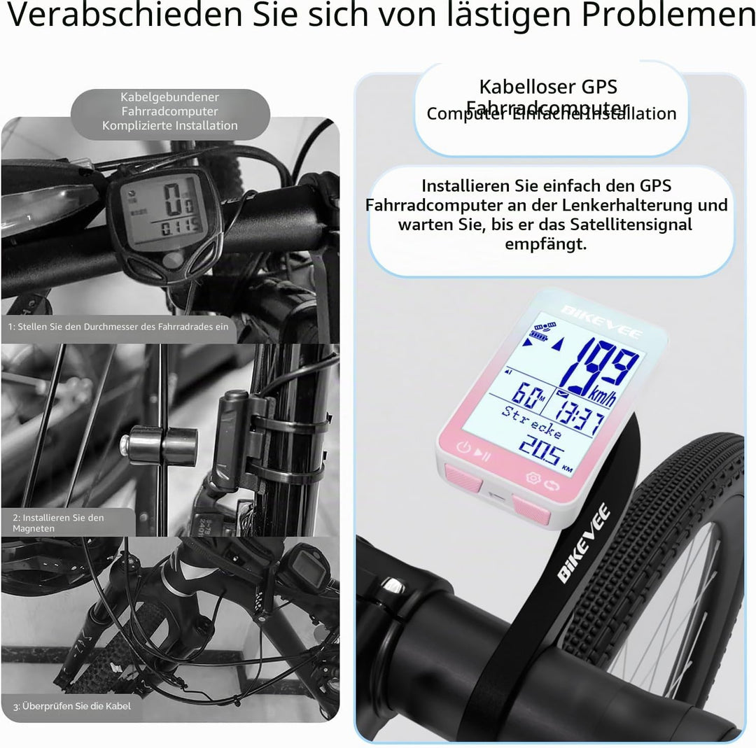 GPS Fahrradcomputer Kabellos IPX7 Wasserdicht 2.4'' FSTN Display 28H Akku Rosa-B【Verlängerte Frontha