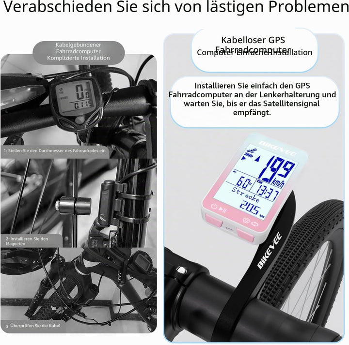 GPS Fahrradcomputer Kabellos IPX7 Wasserdicht 2.4'' FSTN Display 28H Akku Rosa-B【Verlängerte Frontha
