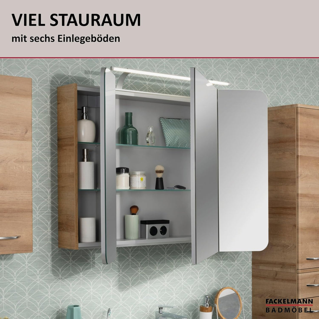 FACKELMANN Milano Spiegelschrank mit LED-Beleuchtung – Alibertschrank 3-türig fürs Badezimmer (90 cm