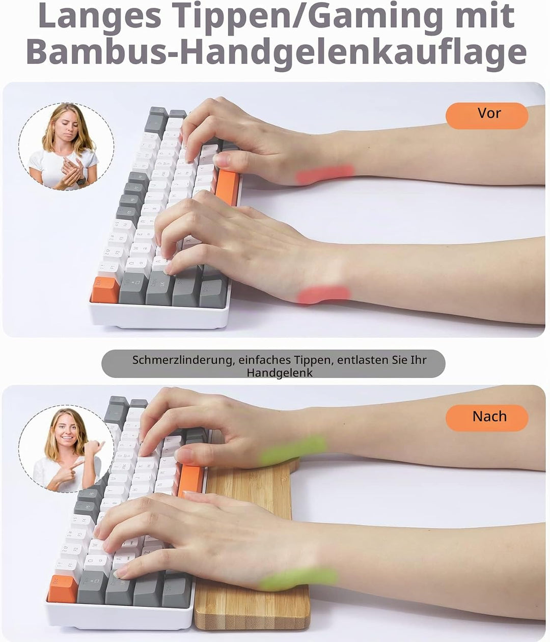 MAMBASNAKE Handballenauflage aus Bambus für 68-Tasten-65%-Tastatur,A-Klasse Bambus,Ergonomische Hand
