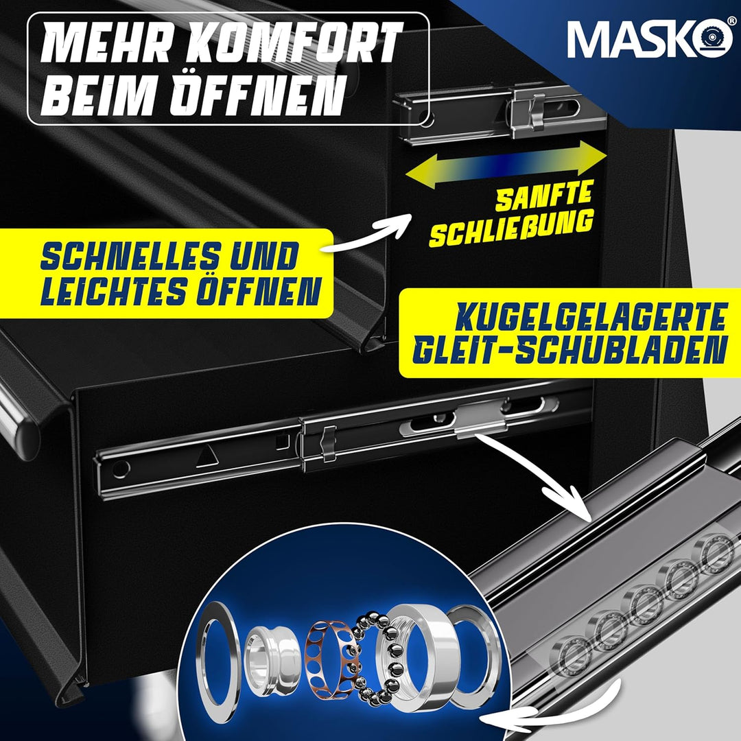 Masko® Werkstattwagen - 5 Schubladen, schwarz ✓ Abschliessbar ✓ Massives Metall | Mobiler Werkzeug-W