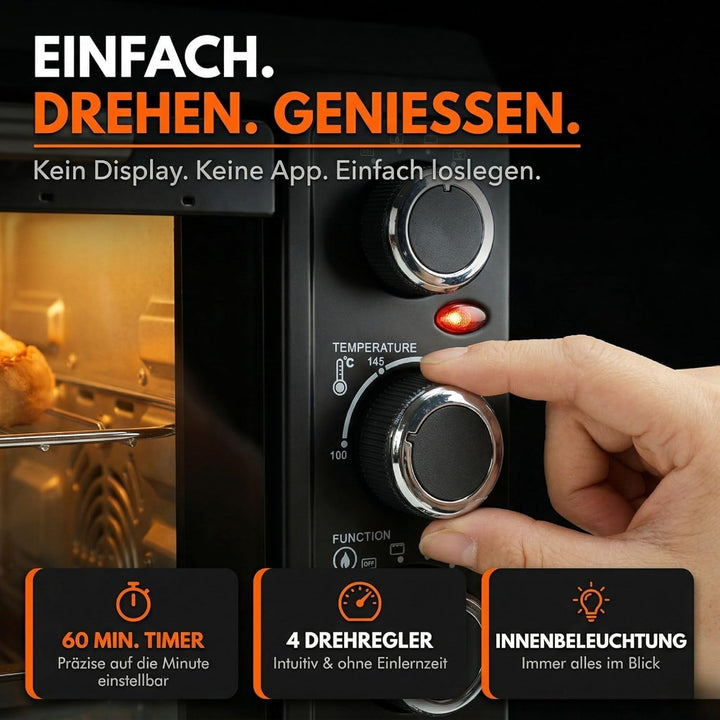 Sommertal Minibackofen 45L | 2000W, Drehspiess, Umluft, 100-230°C, 60min | Hähnchengrill, Konvektion