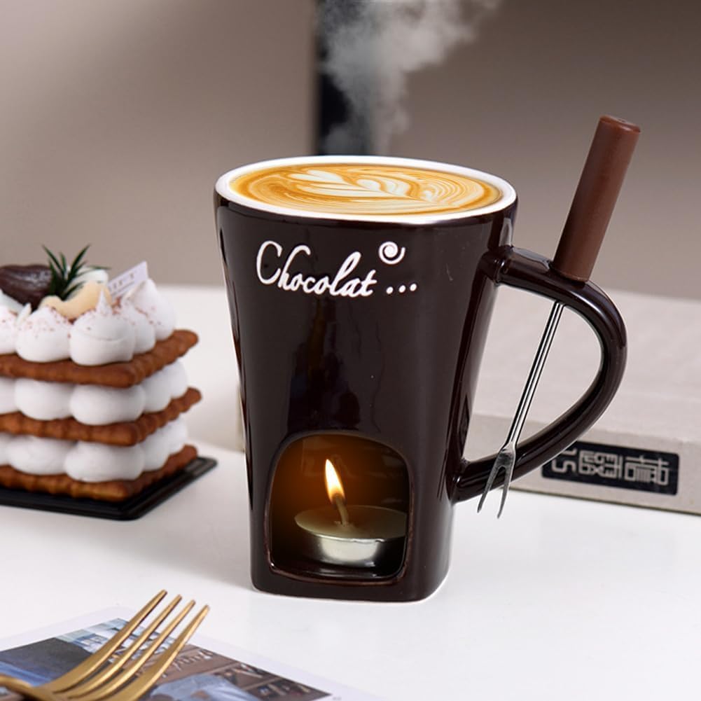 Generisch Schokofondue Tasse mit Gabel und Kerze, Tasse zum Schokolade Schmelzen, Keramik Schokolade