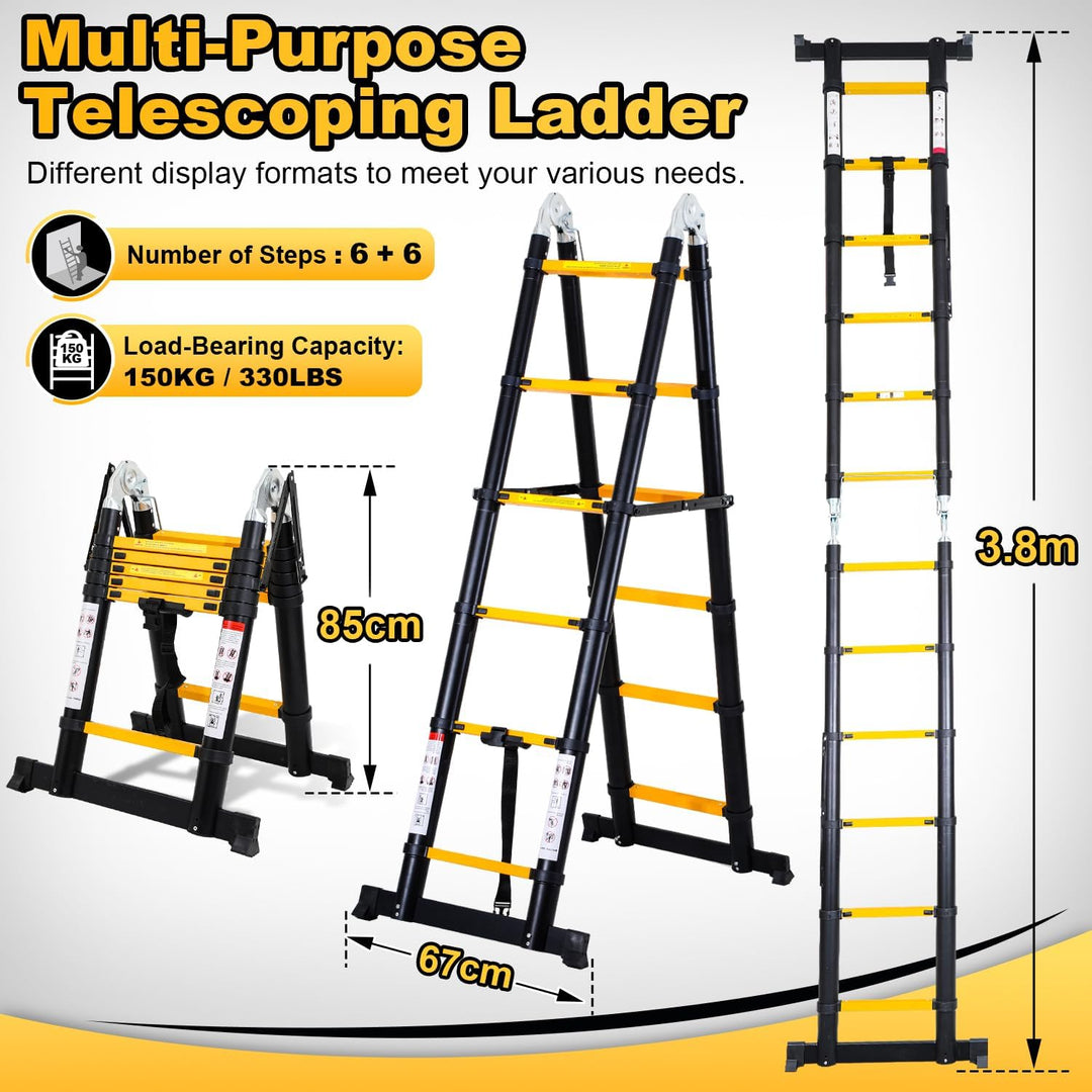 Teleskopleiter Klappleiter Aluminium, Cecaylie 3.8M(1.9+1.9M) Ausziehbare Leiter, Rutschfester Alule