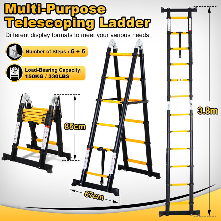 Teleskopleiter Klappleiter Aluminium, Cecaylie 3.8M(1.9+1.9M) Ausziehbare Leiter, Rutschfester Alule