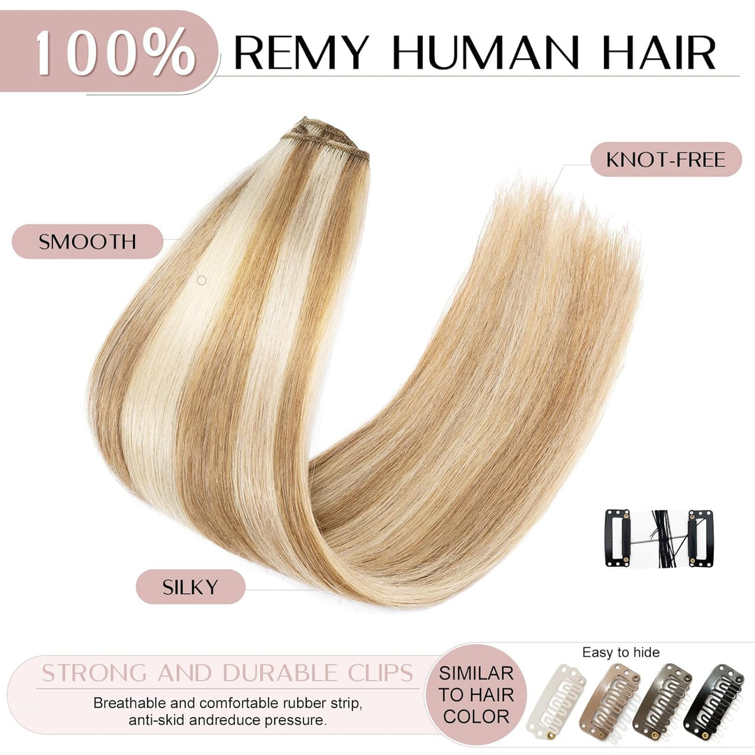 SEGO Clip in Extensions Echthaar Haarverlängerung Haarteil 8 Tressen leicht hitzebeständig glatt Wei