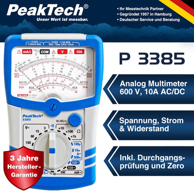 PeakTech 3385, Multimeter analog – Messgerät mit Voltmeter, Amperemeter, Durchgangsprüfer, Ohm Meter