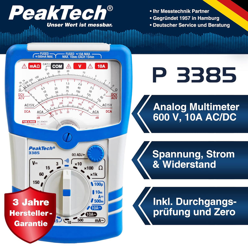 PeakTech 3385, Multimeter analog – Messgerät mit Voltmeter, Amperemeter, Durchgangsprüfer, Ohm Meter