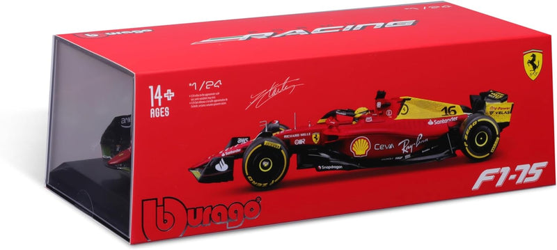 Bburago Ferrari F1-75 (2022): Modellauto im Massstab 1:24, 16 Charles Leclerc, mit Fahrer, Hardcase,