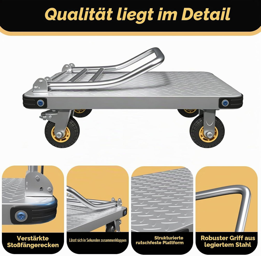 Transportwagen Klappbar 680 kg Tragfähigkeit, 78x48x91 cm Plattformwagen mit 10 cm Bremsrädern, Roll