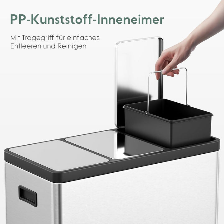 Clevich Mülltrennsystem 3×15L aus Stahl, Mülleimer 3 Fächer mit farbcodierten Pedalen, Abfalleimer m