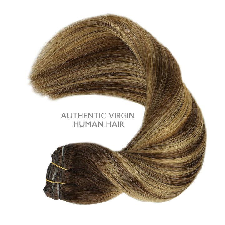 WENNALIFE Clip In Extensions Echthaar, 150g 45cm 9pcs Balayage Schokoladenbraun bis Karamellblond Cl