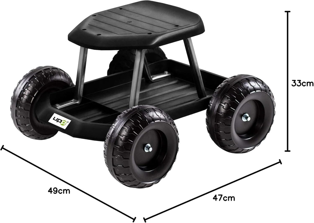 UPP fahrbarer Gartenwagenrollsitz bis 130 kg mit Ablage | Knie- und rückenschonende Sitzgelegenheit