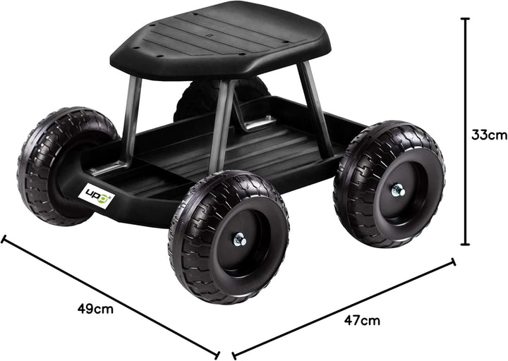 UPP fahrbarer Gartenwagenrollsitz bis 130 kg mit Ablage | Knie- und rückenschonende Sitzgelegenheit
