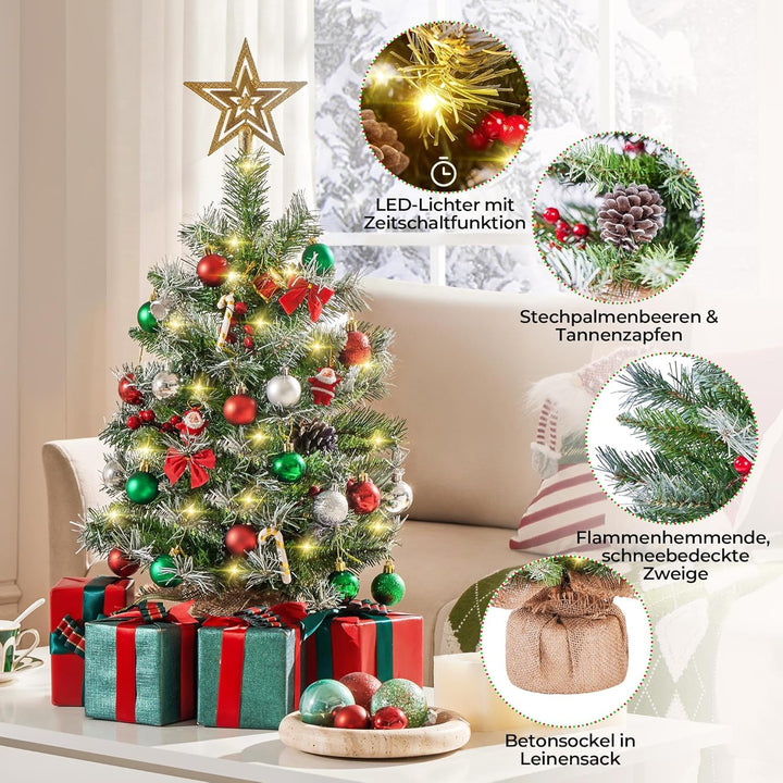 Yaheetech 2 Stück 66 cm Mini Künstlicher Weihnachtsbaum mit Schnee inkl. 35 Warmweiss LED & 42 Roten
