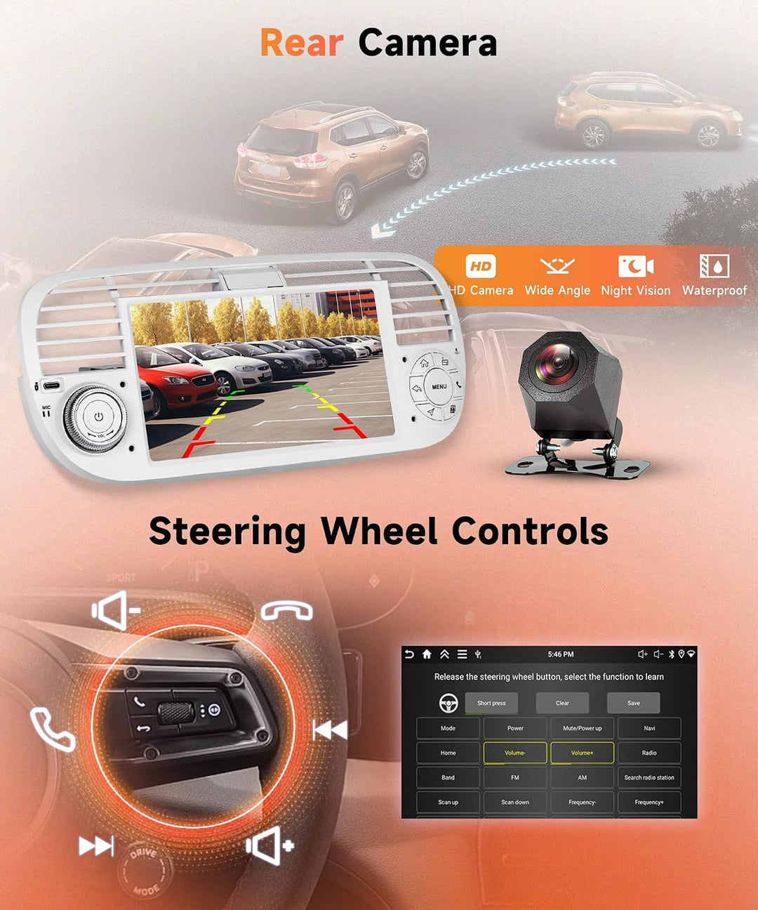 Rimoody 4G+128G Android Autoradio für FIAT 500 2007-2015 Wireless Carplay Android Auto 7 Zoll Touchs