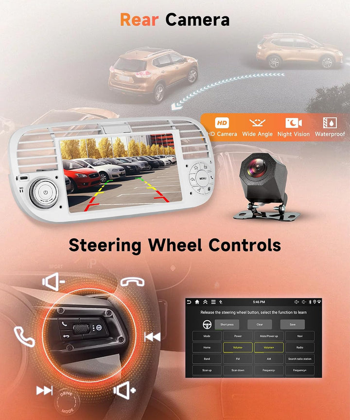 Rimoody 4G+128G Android Autoradio für FIAT 500 2007-2015 Wireless Carplay Android Auto 7 Zoll Touchs