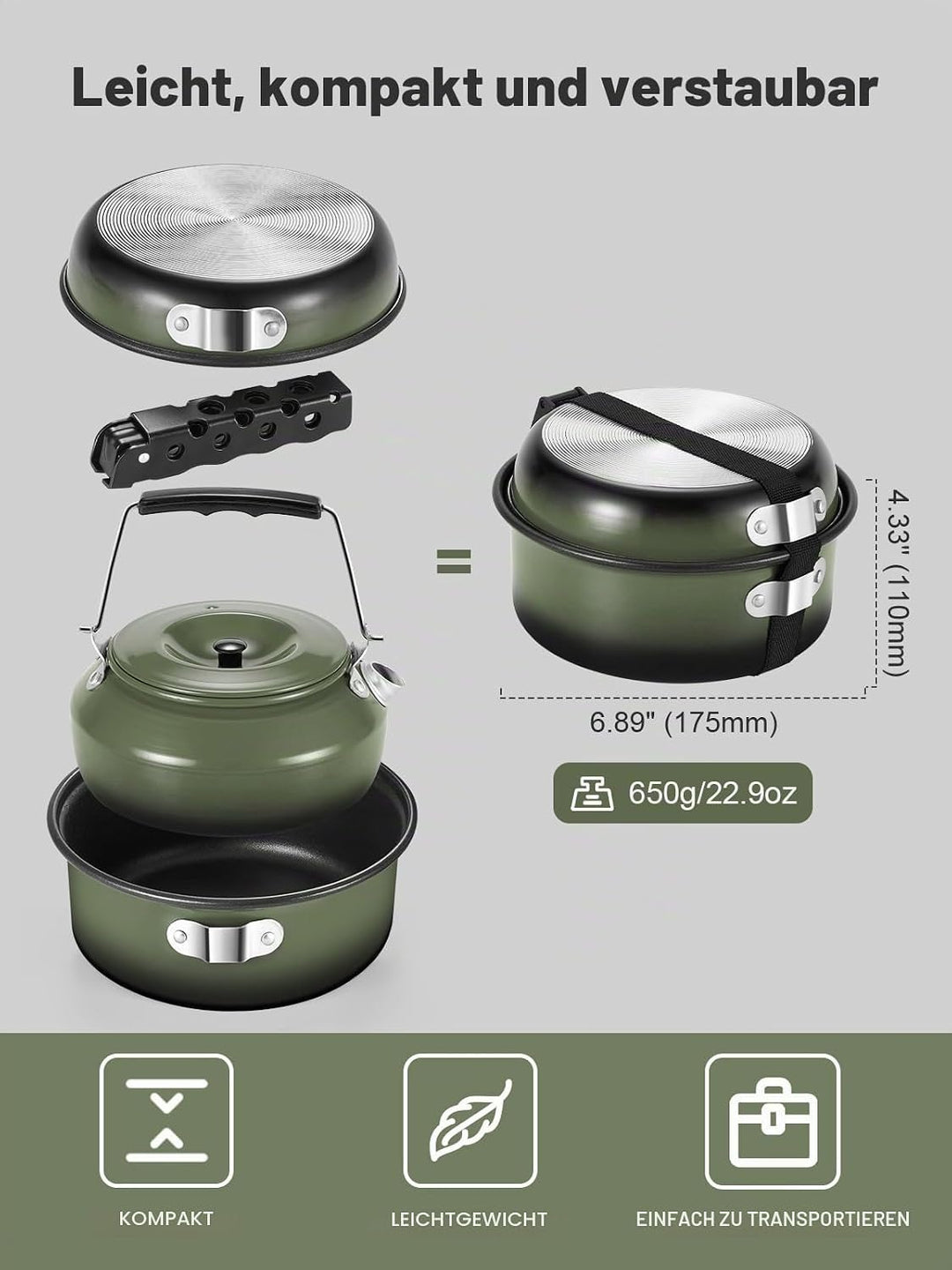 Odoland 5pcs Camping Geschirr Set, Antihaft-Leichtgewicht Topf Pfanne Kettle Set mit einem abnehmbar