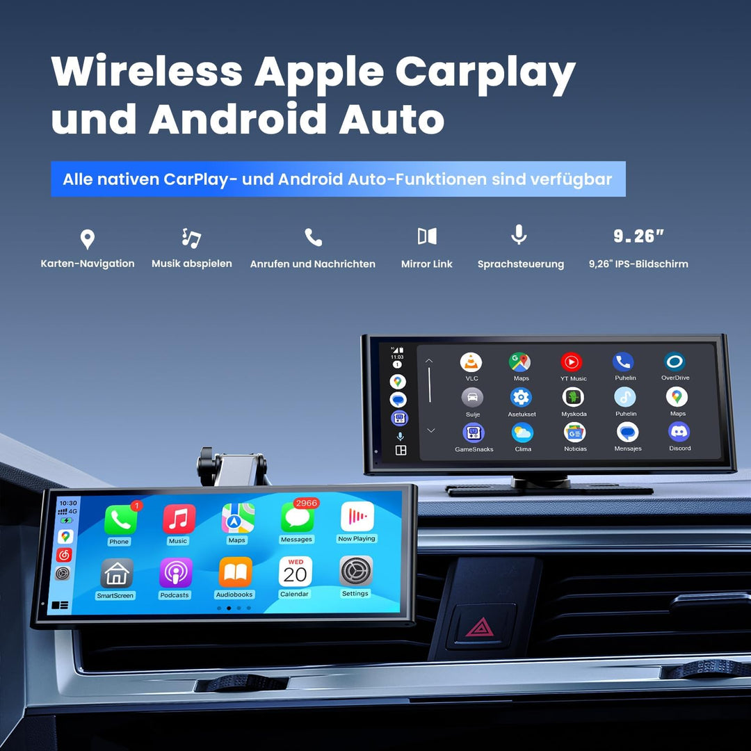 Krunia 9,26" Drahtloses Tragbares CarPlay Display für Apple CarPlay & Android Auto, OTA-Updates, Rüc