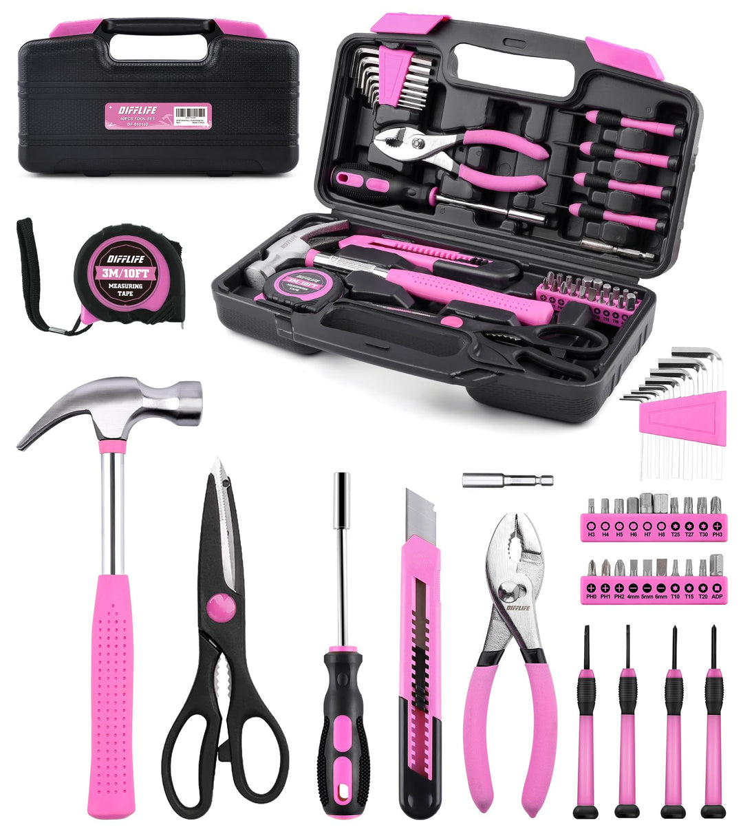 Werkzeug-Set, Pink, 40-teilig, allgemeines Haushalts-Handwerkzeug-Set mit Kunststoff-Werkzeugkasten,