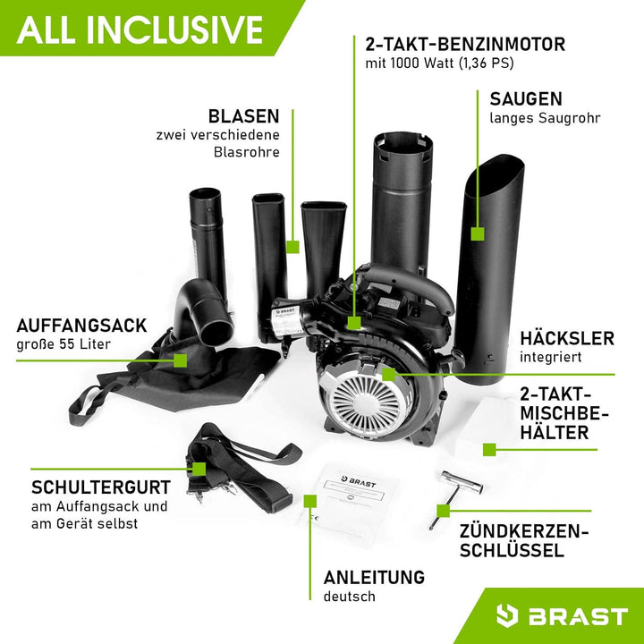 BRAST® Laubsauger Laubbläser Benzin 1,0kW(1,36PS) | 55L Fangsack | inkl. 2 Blasrohre, Schultergurt &