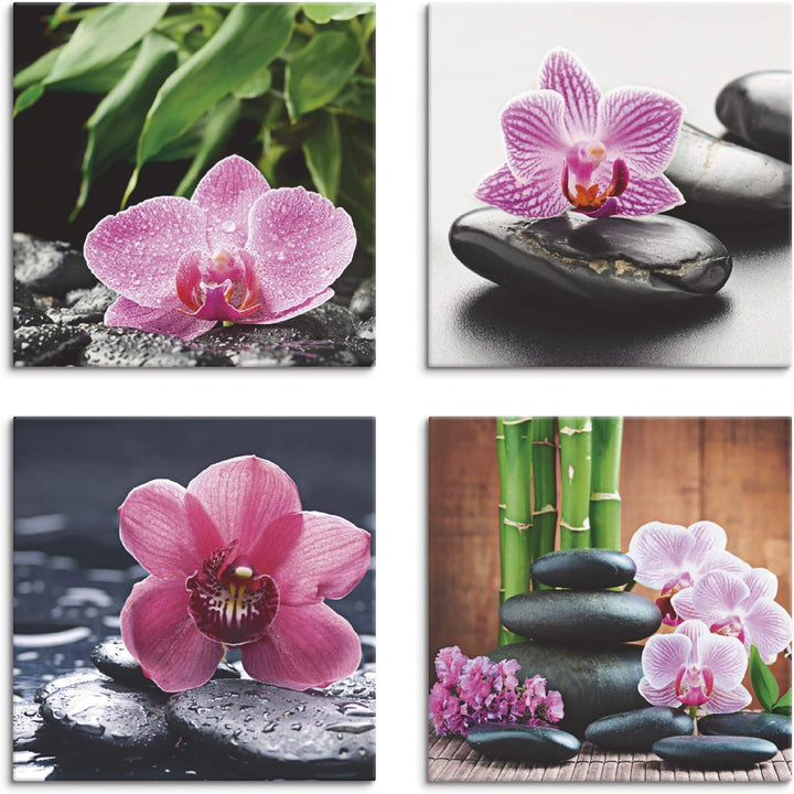 ARTLAND Leinwandbilder auf Holz Wandbild Bild Set 4 teilig je 30x30 cm Quadratisch Wellness Zen Pfla