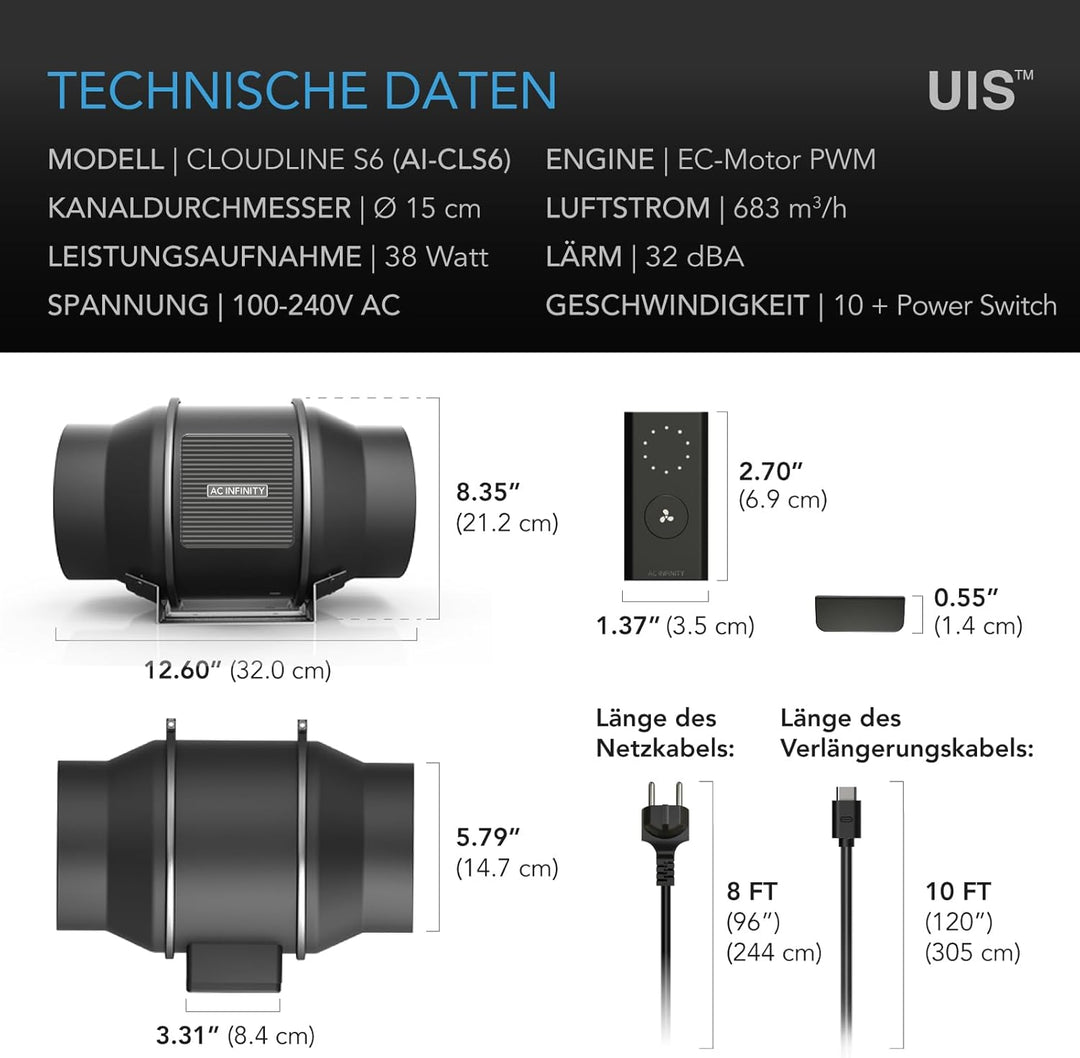 AC Infinity CLOUDLINE S6, leiser 6-Zoll-Inline-Kanalventilator mit Drehzahlregler - Abluftventilator