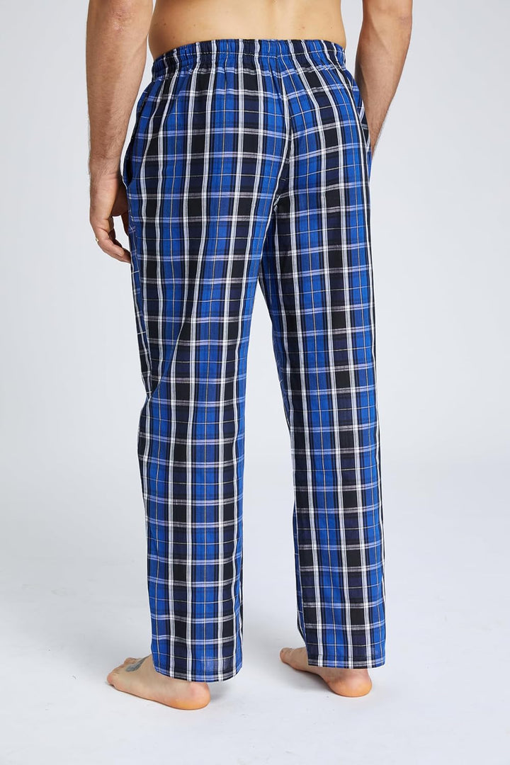 Herren 100% Baumwolle Pyjamahose, Gewebte kariert Schlafhose Loungewear Pyjama Hose mit Taschen, Bla