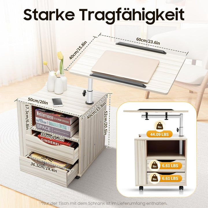 Eieblek Mobiler Beistelltisch Höhenverstellbarer Pflegetisch für Bett mit 4 Rollen, 60×40cm Laptopti
